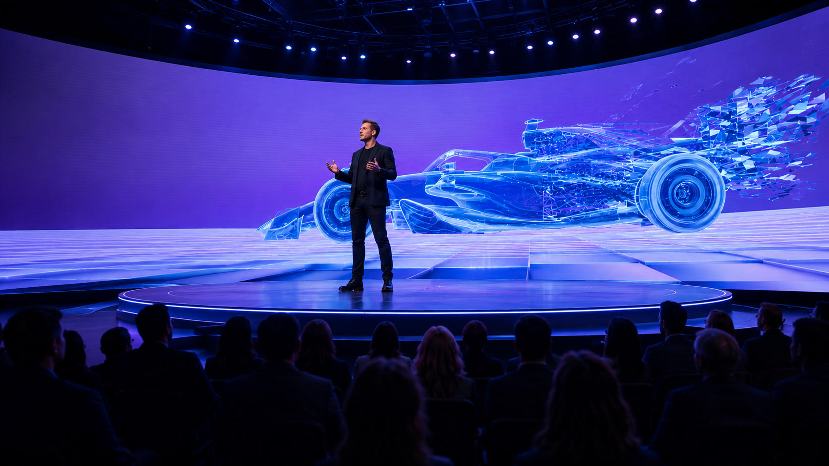 Presenter on a glowing stage revealing a holographic Formula 1 car — a Howell XR immersive experience